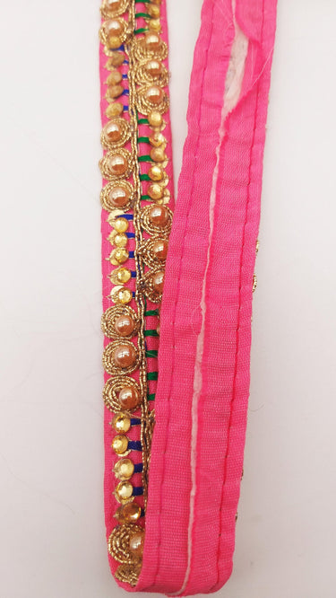Cerise Pink Fabric Embroidered Trim with Gold Beads, Decorative Sari Trim, Trim By 3 Yards